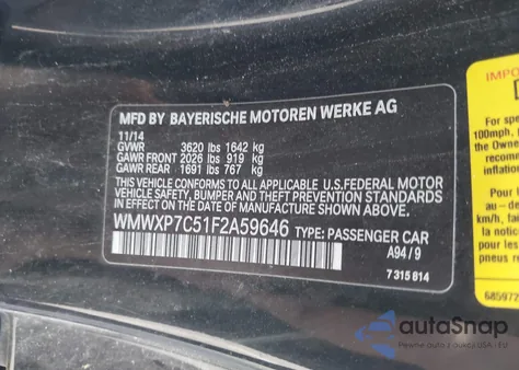 2015 Mini Hardtop Cooper S из США, поврежденный, VIN WMWXP7C51F2A59646